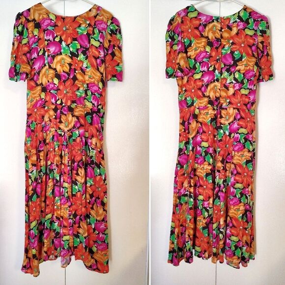 VTG 80s Bright Floral Bloomcore V Waist Midi Dress Size 12 *Fits like Med - Picture 1 of 14